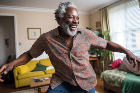 African body positive man dancing at homeの素材