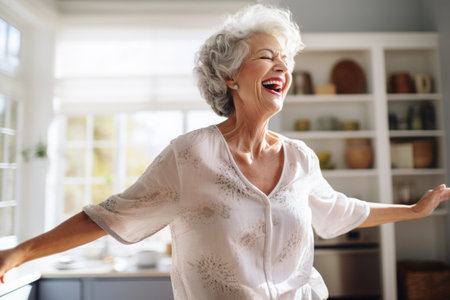 Caucasian middle aged mature woman dancing at homeの素材
