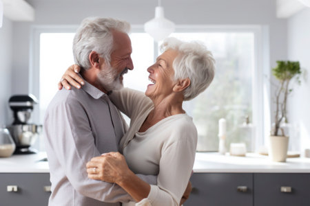 Caucasian married senior mature couple dancing in the kitchenの素材