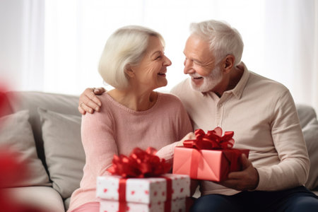 Senior mature married couple celebrating Valentine dayの素材