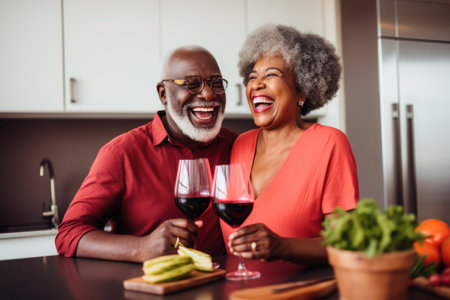 African married middle aged mature couple drinking wine in kitchenの素材