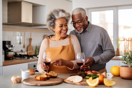 African married middle aged mature couple drinking wine in kitchenの素材