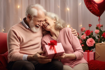 Senior mature married couple celebrating Valentine dayの素材