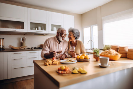 African married middle aged mature couple drinking wine in kitchenの素材
