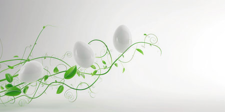 Easter eggs with curly jungle green leaves vines, bannerの素材
