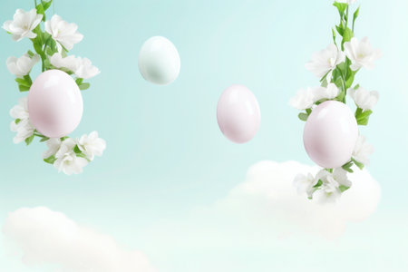 Easter eggs with spring greenery, blooming flowers and cloudsの素材