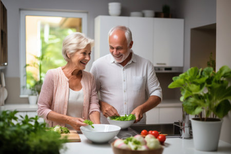 Caucasian married senior mature couple cooking in the kitchenの素材