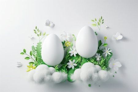 Easter eggs with spring greenery, blooming flowers and cloudsの素材