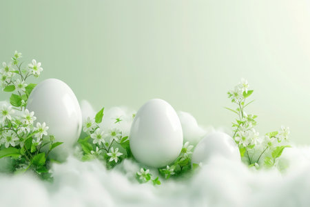 Easter eggs with spring greenery, blooming flowers and cloudsの素材