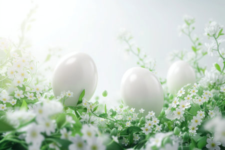 Easter eggs with spring greenery, blooming flowers and cloudsの素材