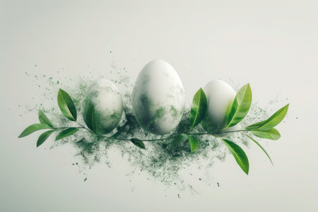 Easter eggs with green leaves and green powder explosionの素材