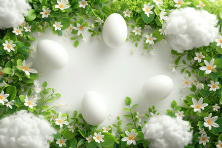 Easter eggs with spring greenery, blooming flowers and cloudsの素材