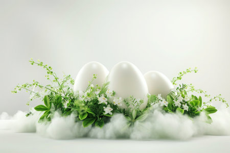 Easter eggs with spring greenery, blooming flowers and cloudsの素材