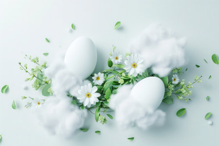 Easter eggs with spring greenery, blooming flowers and cloudsの素材