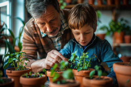 Father with a boy planting herbs at homeの素材