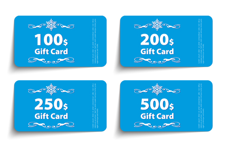 Set of gift cards templates. Face value 100, 200, 250 and 500 dollars. Vector illustration.のイラスト素材