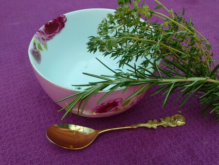 Bowl with herbs for tea on table, interiorの写真素材