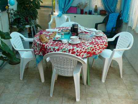 Breakfast meal on table, interiorの写真素材