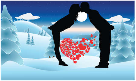 couple kissing in snow hillsのイラスト素材