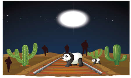 army is crossing the railway bridge here panda and baby is playingのイラスト素材