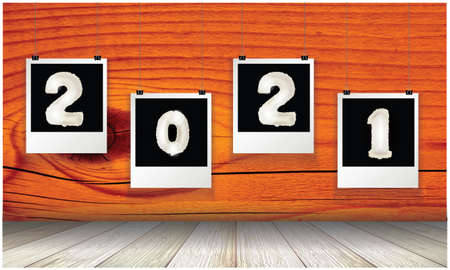 new year celebration on wooden wall with imagesの写真素材