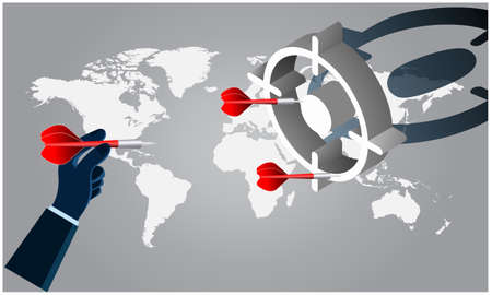 Darts and target on abstract world map backgroundの写真素材
