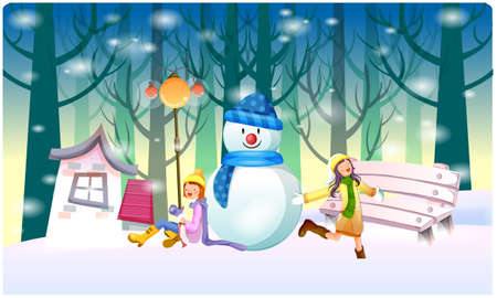 girls are making and playing with snowman in winterのイラスト素材