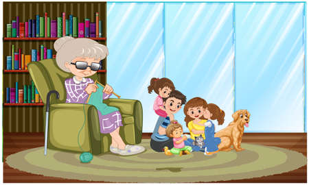 family spend time with their grandmother at homeのイラスト素材