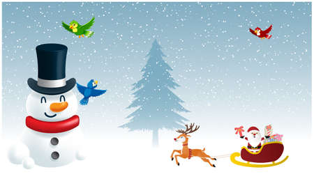 birds and animals are enjoying in winter with snowman and Santa in snowのイラスト素材