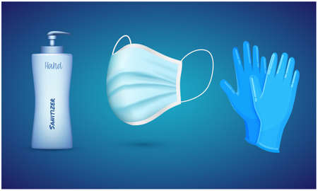hand sanitizer bottle, face mask and hand gloves on abstract backgroundのイラスト素材