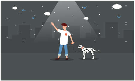 man walking with his dog on road in nightのイラスト素材