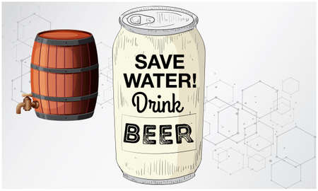 beer can and wooden wine barrel on abstract backgroundのイラスト素材