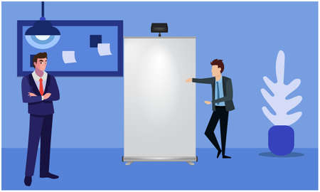 mock up illustration of roll up banner demonstration in an exhibitionのイラスト素材