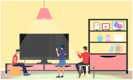 kids are learning online sitting in a living roomの写真素材