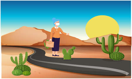 old woman standing on a road in the desertのイラスト素材