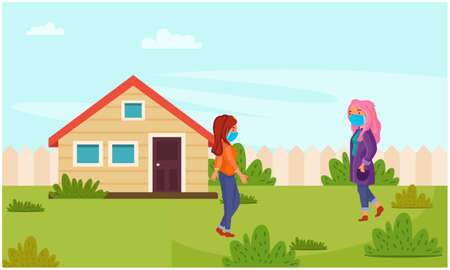 girls are meeting outside the homeのイラスト素材