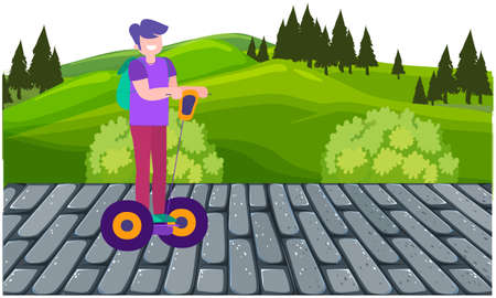 boy riding electric vehicle in a gardenのイラスト素材