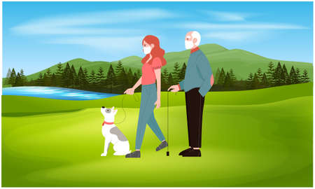 girl walking in a garden with her grandfatherのイラスト素材