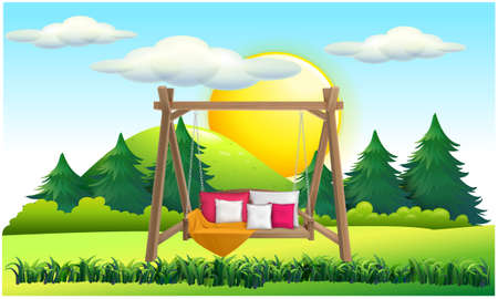 mock up illustration of hanging wooden chair with cushion in a garden during sun setのイラスト素材