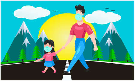 man is crossing the road with her daughterのイラスト素材