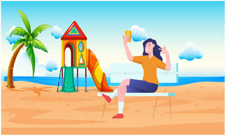girl is sitting on the beach and playing with mobileのイラスト素材
