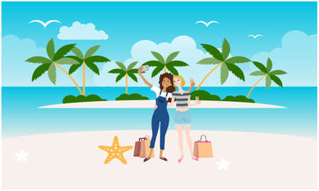 girls are enjoying vacation on the beachの写真素材