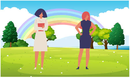 girls are walking in the gardenのイラスト素材