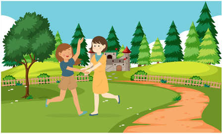 two girls are playing together in the gardenのイラスト素材