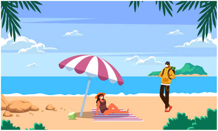 couple is enjoying at the beachのイラスト素材