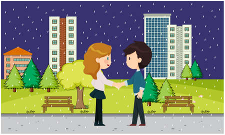 boy and girl meeting in the garden in the eveningのイラスト素材