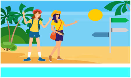 two girls are enjoying picnic on the beachのイラスト素材