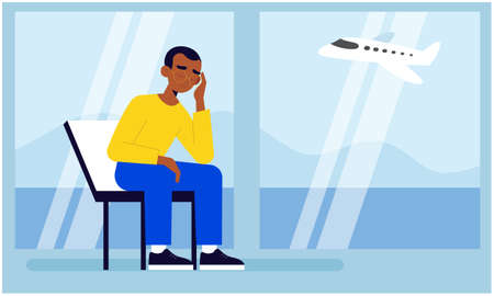 a man is sitting sad at the airportのイラスト素材
