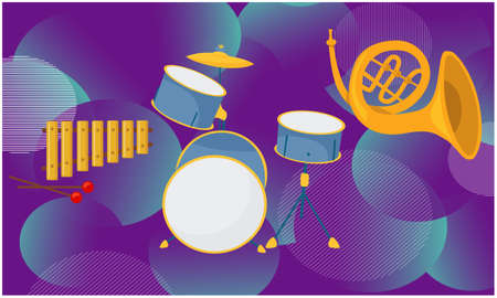 mock illustration of musical instruments on abstract backgroundの写真素材