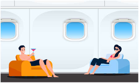 Couple is enjoying drink sitting in the aircraftのイラスト素材
